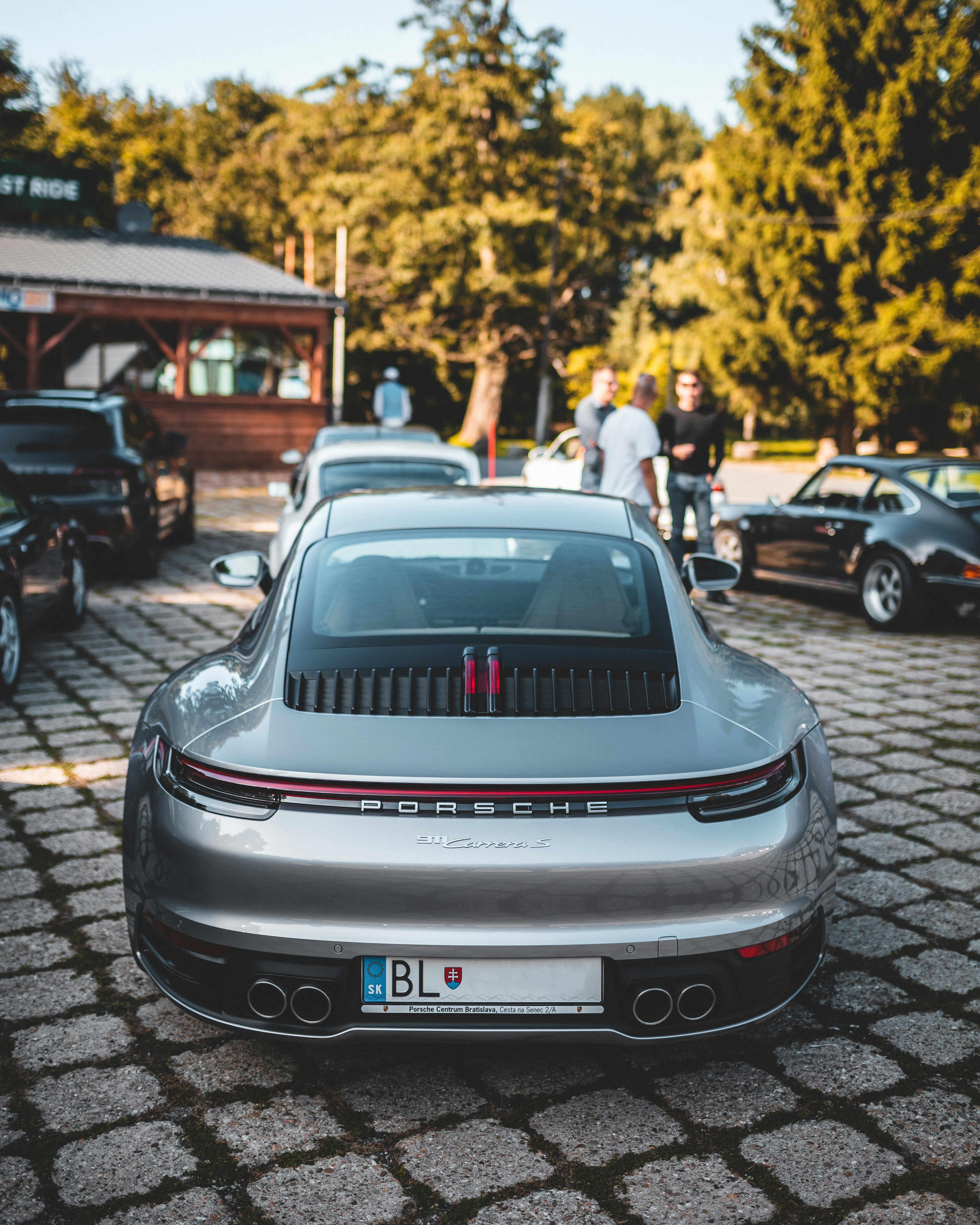 silver Porsche car parked near green trees